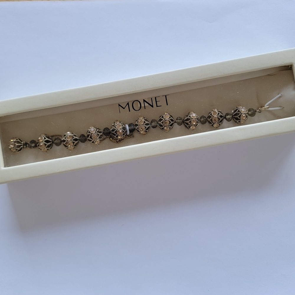 Monet Bracelet Vintage Y2K Neutral Tone Round Crystal Charm Signed New In Box